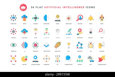 Machine and artificial brain of robot learning, smart algorithms and automation, data cloud analytics and statistics analysis. AI technology trendy flat icons set vector illustration Stock Vector