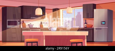 Modern kitchen interior design with furniture and tableware. Vector cartoon illustration of morning coffee cup on table, brown drawers on walls, fridge, microwave oven, sun shining through window Stock Vector