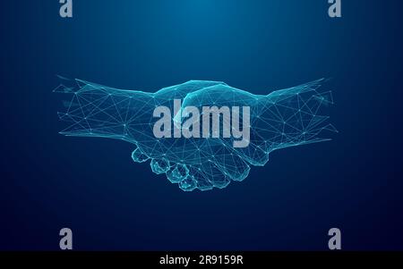 Digital handshake on blue technology background. Abstract two hands Stock Vector