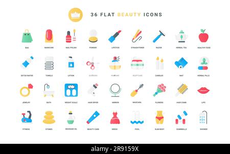 Trendy flat color icons for beauty skin, hair care, makeup cosmetics hygiene, including oil massage for body spa salon relax, herbal detox therapy, manicure, healthy fitness vector illustration Stock Vector