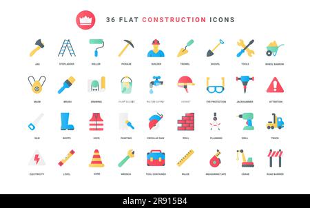 Construction industry equipment and tools trendy flat color icons with engineering works of builders, crane, road barrier and protection with helmet, and water supply vector illustration Stock Vector