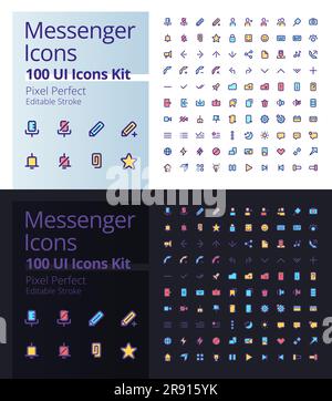 Messenger pixel perfect RGB color ui icons kit for dark, light mode Stock Vector