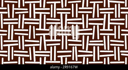 Careless doodle basket weave white on brown seamless pattern. Basket weave bamboo texture. Simple monochrome background. Vector abstract illustration Stock Vector