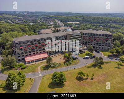 Aerial views of The Celtic Manor Resort Hotel and International Convention Centre Wales in Newport, Gwent, Wales, UK: Phillip Roberts Stock Photo