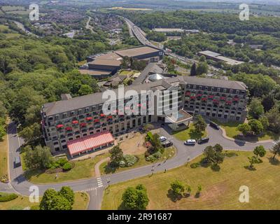 Aerial views of The Celtic Manor Resort Hotel and International Convention Centre Wales in Newport, Gwent, Wales, UK: Phillip Roberts Stock Photo