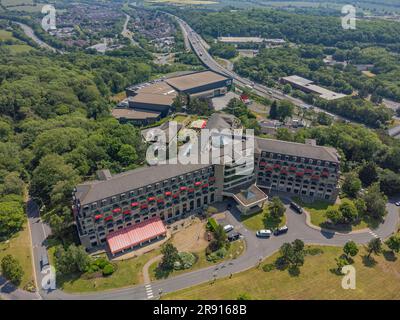 Aerial views of The Celtic Manor Resort Hotel and International Convention Centre Wales in Newport, Gwent, Wales, UK: Phillip Roberts Stock Photo