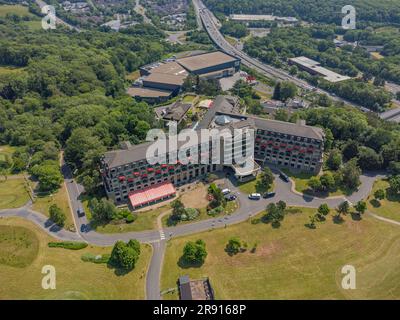 Aerial views of The Celtic Manor Resort Hotel and International Convention Centre Wales in Newport, Gwent, Wales, UK: Phillip Roberts Stock Photo