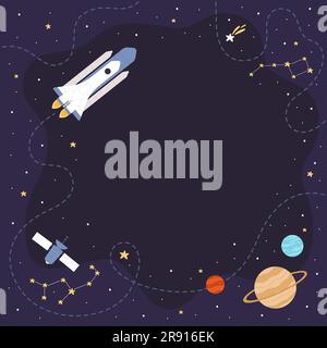 Space exploration square vector illustration. Cartoon spaceship flying in night sky to explore galaxy along route line, blue cosmos background with constellation pattern, planets solar system stars Stock Vector