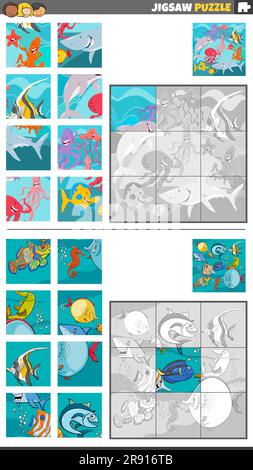Cartoon illustration of educational jigsaw puzzle games set with marine animal characters group Stock Vector