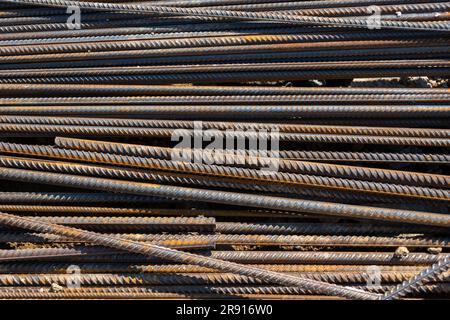 Steel reinforcement bars. Construction rebar steel work reinforcement. Industrial background. Rebar texture. Metal fittings for reinforced concrete. S Stock Photo