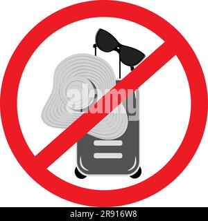 Suitcase on wheels, beach hat and sunglasses in grayscale under a red bun sign. No travel. Isolate. Design for Pointer, sticker, Icon or web, poster, Stock Vector