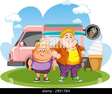 Two Fat Men in Front of Food Truck illustration Stock Vector