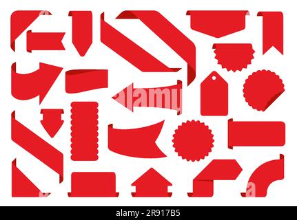 Red promotional ribbon banners, advertising scrolls. Shop product big sale flat stickers. Best choice tags. New collection paper labels. Hot special offer discount coupons blank template for text Stock Vector