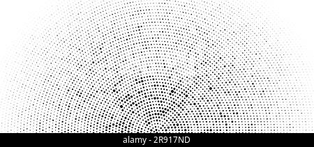 Halftone concentric dot lines background. Spotted and dotted half circles gradient. Radial fading comic texture. Black and white rough gritty wallpaper. Grunge monochrome pop art backdrop. Vector Stock Vector