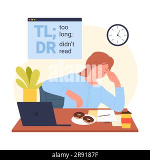 TLDR concept, too long didnt read, meme and message from lexicon of internet communication vector illustration. Cartoon lazy girl sitting at computer desk, ignore article text or news due to length Stock Vector