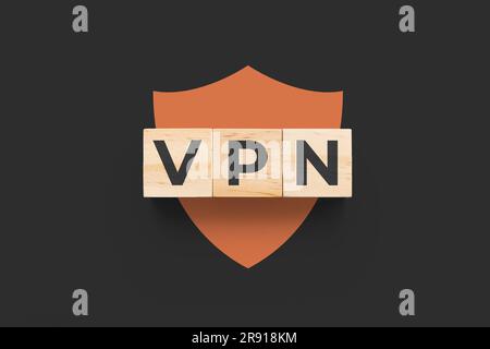 VPN (Virtual Private Network) wooden cubes on black background with orange shield icon Stock Photo