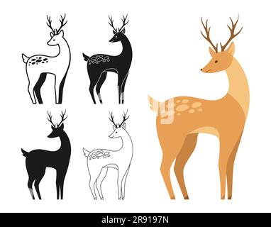 Deer with antlers wild animal cartoon style set. Forest mammal deer side view symbol, line doodle, stamp or silhouette collection. Flat character anim Stock Vector