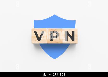 VPN (Virtual Private Network) wooden cubes on white background with blue shield icon Stock Photo
