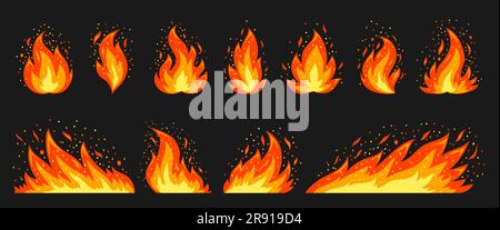 Cartoon campfire flat icon set. Red hot flame with sparks on black background. Bright fiery yellow heat flames wildfire and bonfire, burn power silhouettes. Various shape blazing fire emoticon Stock Vector