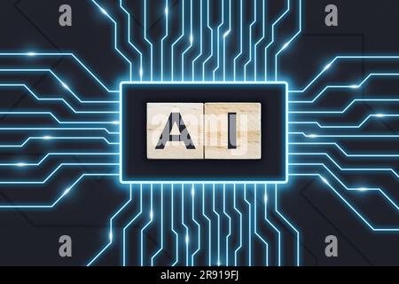 AI (Artificial Intelligence) wooden cubes on abstract process background Stock Photo