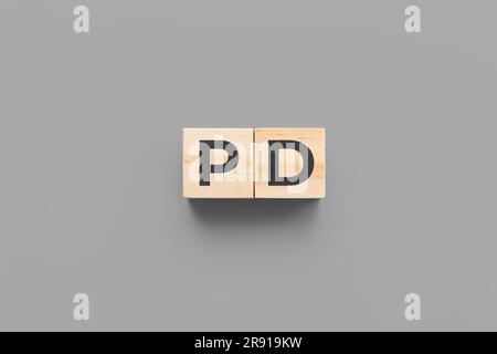 PD (Parkinson’s Disease) wooden cubes on grey background Stock Photo