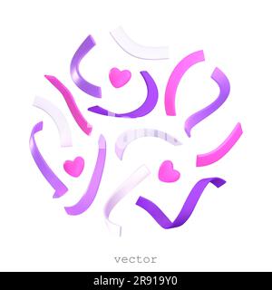 Set of vector 3D Serpentine, Hearts. Colorful Pink, Purple Firecracker Elements in Various Shapes. Party, Holyday, Surprise or Birthday Events. Cartoo Stock Vector