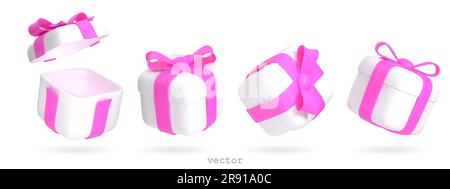 Set of vector 3d gift boxes open and closed with pink ribbon bow. Flying surprise box. Festive presents. Realistic vector illustration for birthday, v Stock Vector