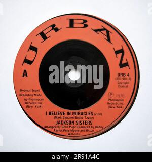 Centre label of the seven inch single version of I Believe in Miracles by the Jackson Sisters, which was released in 1987 Stock Photo