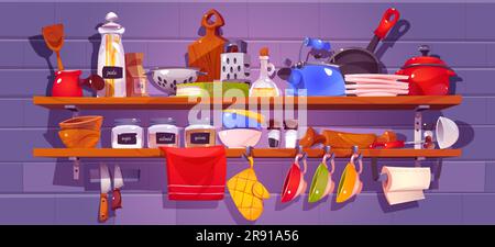 Kitchen shelf with utensil and dish vector set. Kitchenware tool object on hanging shelves interior furniture. Plate, bowl, pan, cutlery and towel accessory at home. Restaurant equipment and appliance Stock Vector