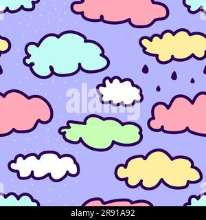 Seamless fairy pattern of clouds with snow and rain. Cute illustration for wallpaper, wrapping paper, textile for children. Multicolored hand-drawn cl Stock Vector