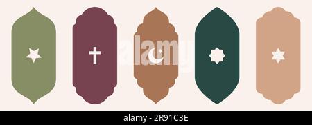 Shape Islamic door and window silhouette Arabic arch with religion symbols . Collection of patterns in oriental style. Frames in Arabic Muslim design Stock Vector