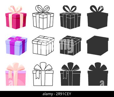 Gift box flat line silhouette stamp glyph set. Editable stroke universal kit icon site sticker label festive surprise mystery wrapping birthday decorating stencil decor scrapbooking design isolated Stock Vector