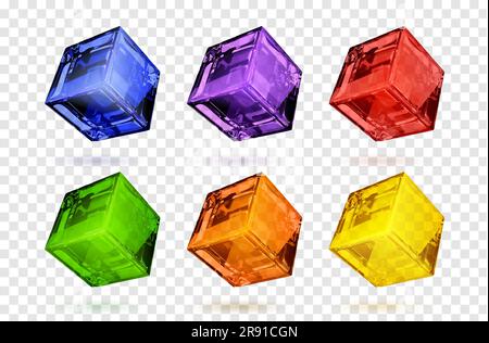 3d color glass cube box vector graphic design set. Glossy crystal square block in blue, red, orange and purple design. Abstract cool clear shiny geometric object isolated on transparent background Stock Vector