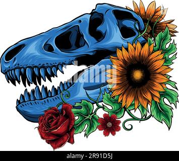 Vector illustration of dinosaur skull with tropical flowers Stock Vector