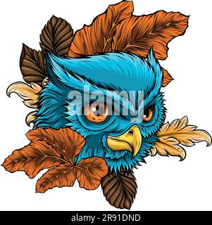 vector illustration of owl head with leaves Stock Vector