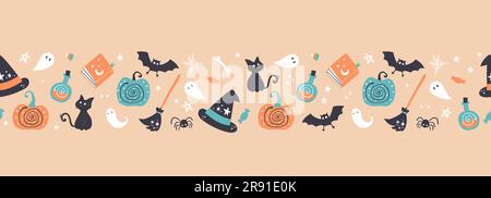 Cute hand drawn Halloween seamless pattern with pumpkins, bats, sweets and more decoration, fun background, great for textiles, wrapping, banners, wal Stock Vector