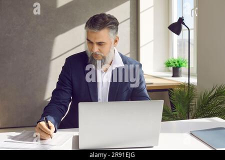 Mature businessman working and taking notes in his office Stock Photo