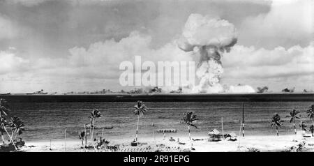 Bikini Atoll, Marshall Islands,  July 1, 1946 A secret photo released on July 29 showing the atomic bomb exploding over the target fleet in Bikini Lagoon. Stock Photo