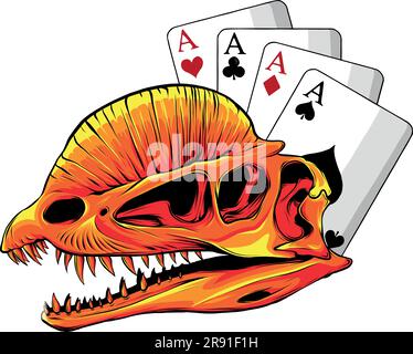 vector illustration of dilophosaurus skull with poker cards Stock Vector