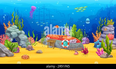 Cartoon underwater landscape with jellyfish and sunken ship on ocean ...