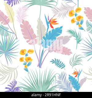 Seamless pattern with multicolor tropical leaves of palm tree on white background. Botany vector background, jungle wallpaper. Stock Vector