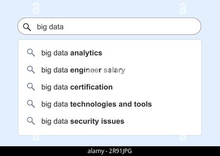 Big data topics search results. Big data IT concept online search engine autocomplete suggestions. Stock Vector