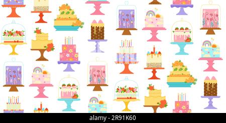 Birthday cakes celebration desserts cartoon seamless pattern. Party delicious cupcake sweet bakery boundless background. Holiday decoration cake abstr Stock Vector