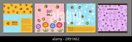 Bee honey characters and flowers trendy cover or square card design set. Comics honeybee insect mascot characters with funny faces pattern page flyer, Stock Vector