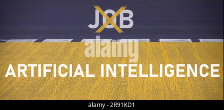 Road with the word job crossed, AI technology in competition with human resource, manpower against cyborg machine, replacement of worker Stock Photo