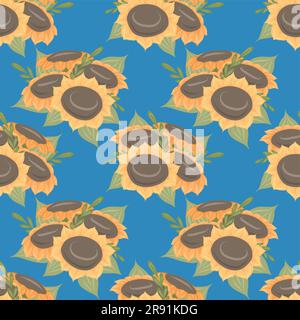 Seamless vector pattern with bouquets of sunflowers on a blue background. Floral texture for fabrics, tablecloths and wrapping paper. Stock Vector