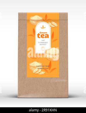 Tumeric Tea Tag Tea bag herbal, paper tag with rope in cartoon style isolated on white ...