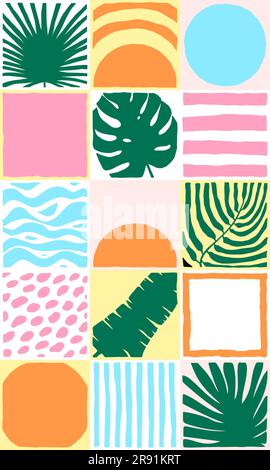 Decorative seamless tiled pattern. Hand-drawn exotic plant, tropical leaves, waves, stripes, sun, dots background. Vector bright jungle illustration f Stock Vector