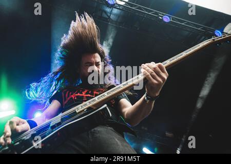 Copenhagen, Denmark. 16th, June 2023. The Spanish thrash metal band Angelus Apatrida performs a live concert during the Danish heavy metal festival Copenhell 2023 in Copenhagen. Here bass player Jose Izquierdo is seen live on stage. (Photo credit: Gonzales Photo - Peter Troest). Stock Photo