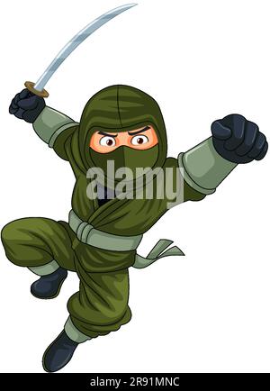 Ninja Jumping and Brandishing Sword illustration Stock Vector